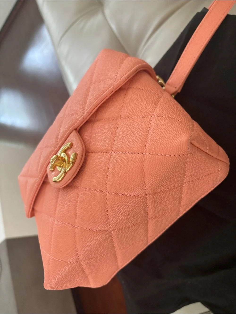 CHANEL Coral Pink Quilted Mini Top Handle Bag with Gold Hardware
